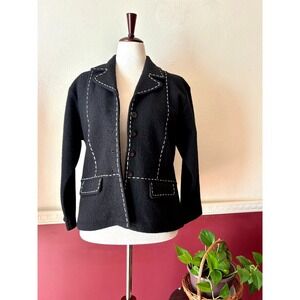 Vintage Lisa International Black Boiled Wool Jacket Contrast Stitch Blazer L 90s